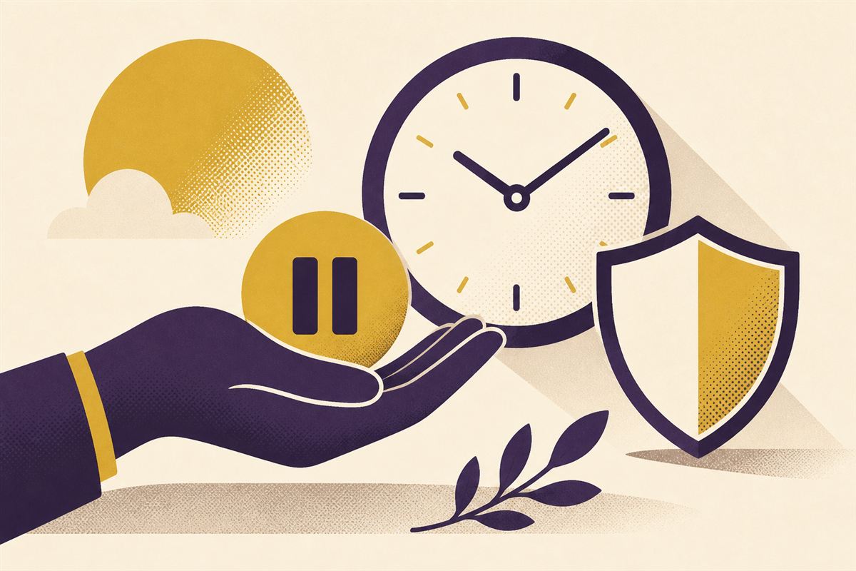 Calm retro illustration of a hand holding a pause symbol, beside a clock face and a shield