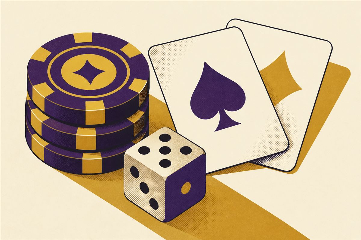 Retro illustration of stacked casino chips, two playing cards and a die on an ivory background