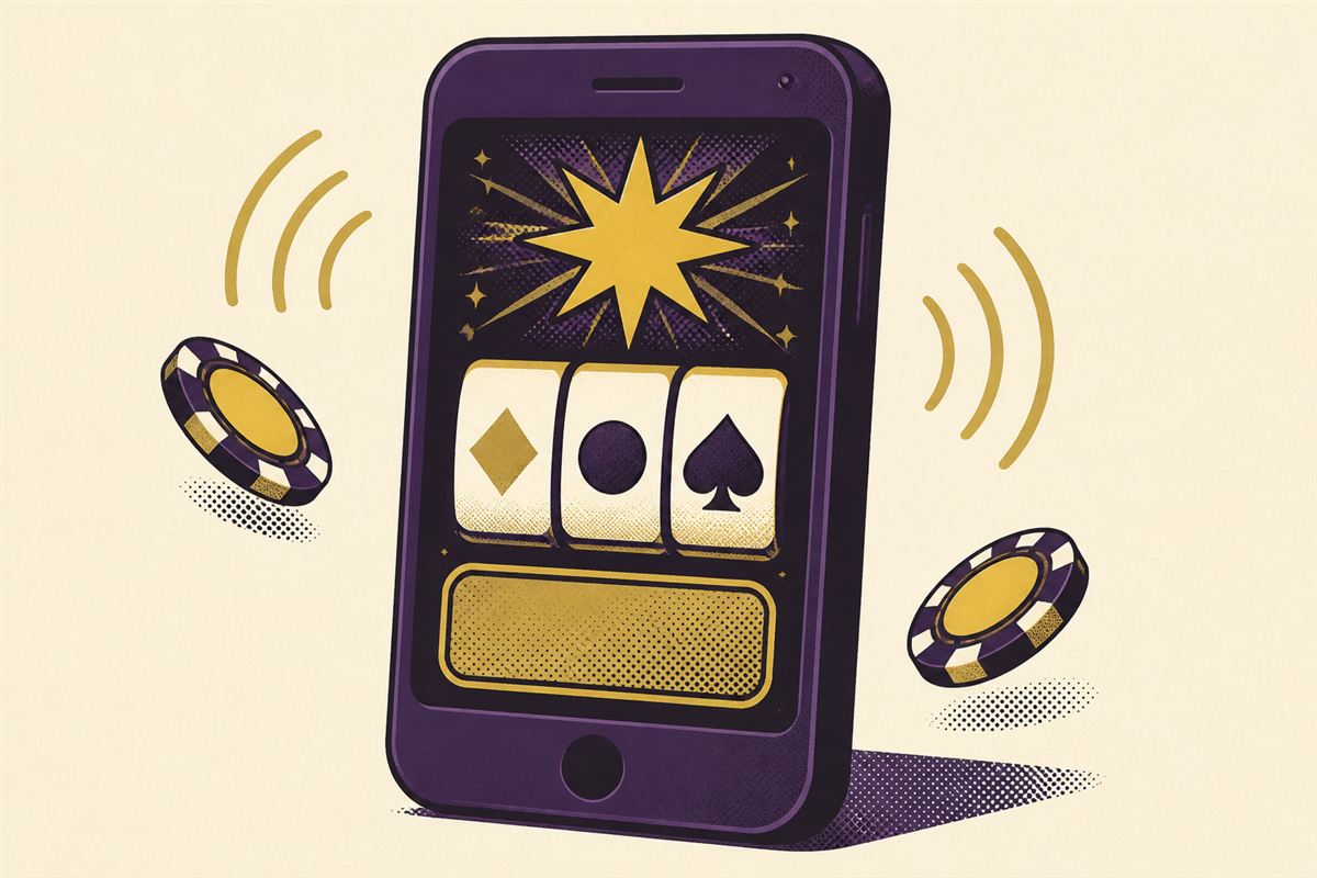 Retro illustration of a smartphone showing abstract casino reels, with chips and signal arcs around it
