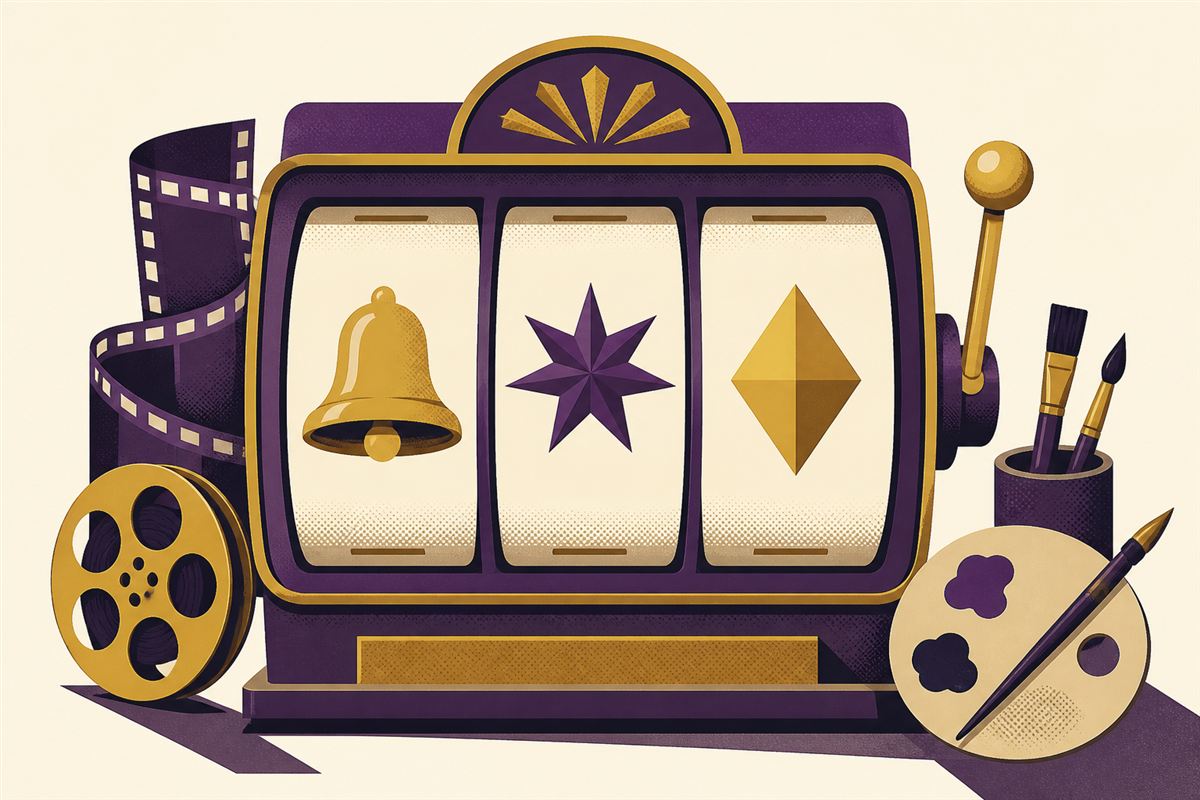 Retro illustration of slot reels showing a bell, star and diamond, with film-reel and paint-palette motifs beside the cabinet