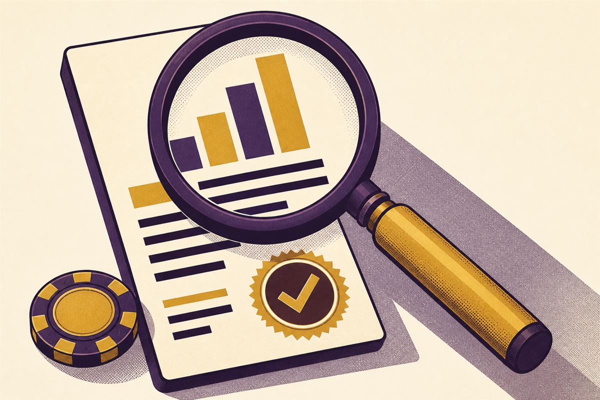 Retro illustration of a magnifying glass held over a report card with bar shapes and a check-mark seal, a casino chip beside it