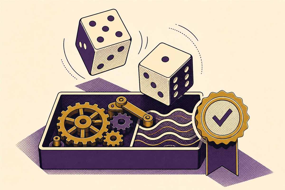 Retro illustration of two dice tumbling above a stylised mechanism of gears and waves, with a certification seal beside it